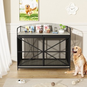 42.8" Farmhouse Dog Crate Furniture with Sliding Door, Heavy Duty Indoor Wooden Kennel End Table for Large Dogs-3irtyhousy - 1 of 4