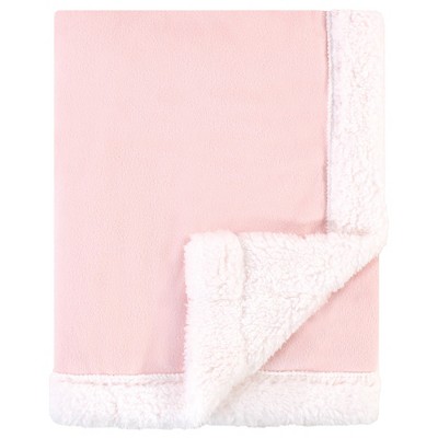 Hudson Baby Infant Girl Plush Blanket with Faux Shearling Back, Light Pink White, One Size