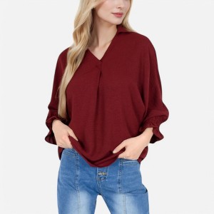 Anna-Kaci Women's V-Neck Blouse with 3/4 Lantern Sleeves and Ruffle Cuffs - 1 of 4