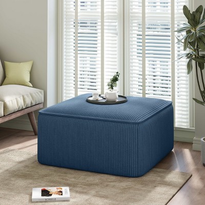 Vynxaria Modern Corduroy Square Ottoman with Dense Foam Padding and Pocket Coil Springs,Navy Blue