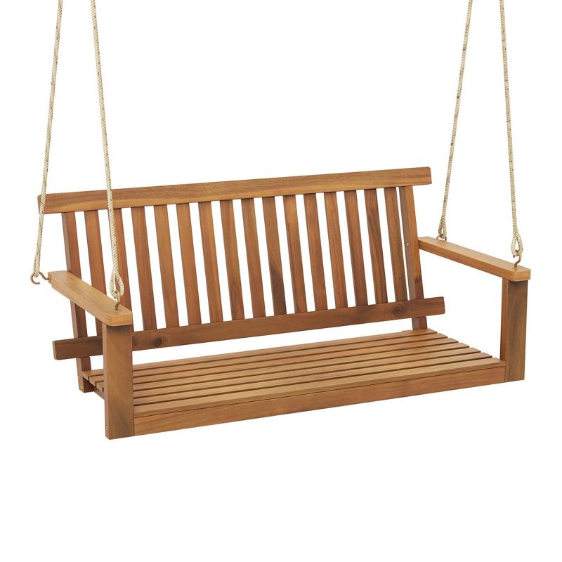 Costway 2-Seat Porch Swing Bench Acacia Wood Chair with 2 Hanging Hemp Ropes for Backyard, 4 of 10