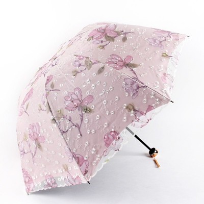 BEAFUP Embroidered Double Layer Lace Umbrella -Sun Protection, Compact 3-Fold Design for Women,Lightweight & Durable for Rainy/Sunny Days