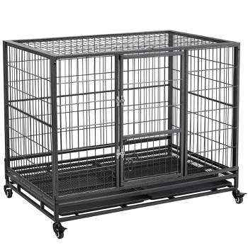 Yaheetech Rolling Dog Crate Metal Large Dog Cage Black