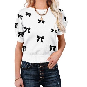 Coolmee Women's Summer Sweater Crew Neck Dressy Puff Sleeve Casual Soft Knit Pullover Tops - 1 of 4
