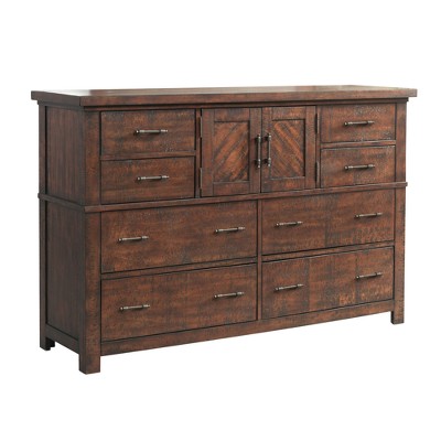 Rustic Walnut Brown 8-Drawer Dresser with Cabinet