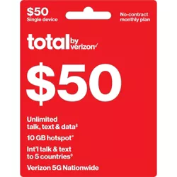 Total By Verizon $50 Unlimited Talk, Text & Data Single Device No Contract Monthly Plan (Email Delivery)