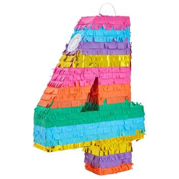 Blue Panda Small Rainbow Number 4 Pinata for 4th Birthday Party, Fiesta Decorations, 12 x 17 x 3 In