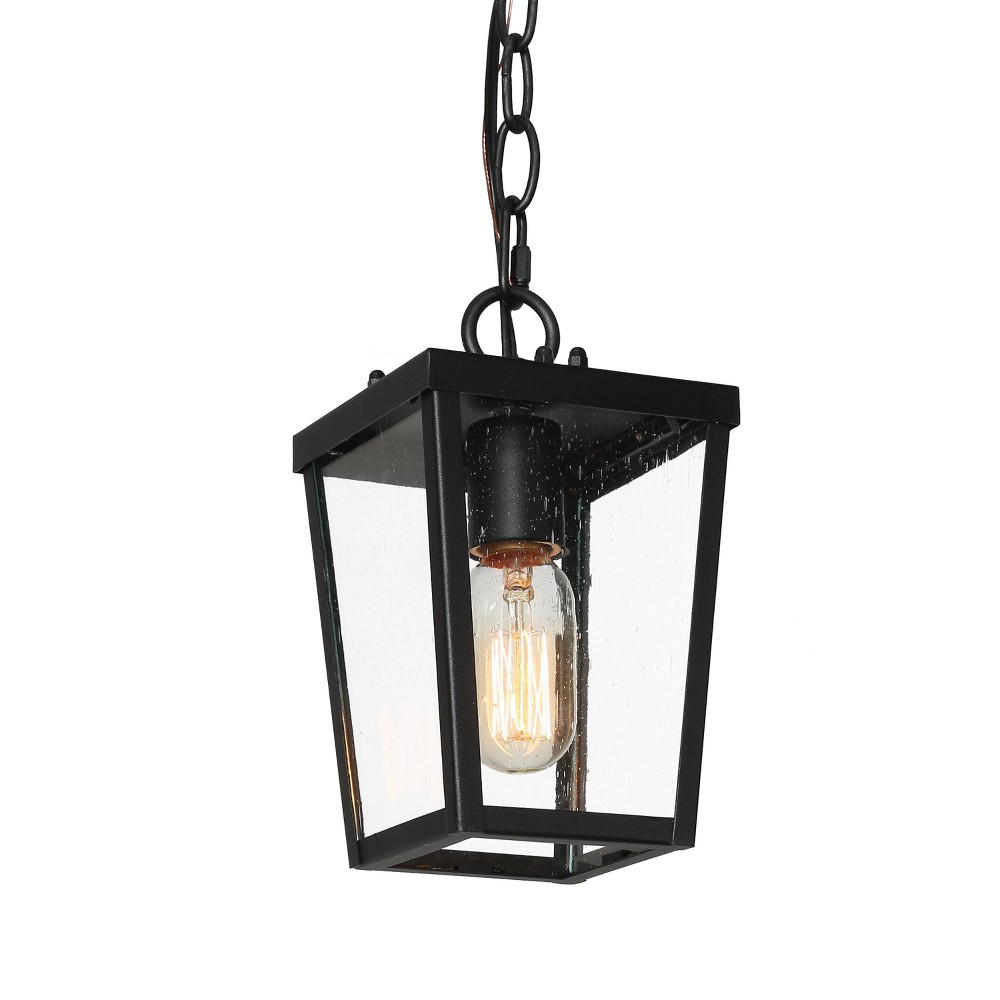 9" Metal/Seeded Glass Modern Outdoor Pendant Light Black - LNC: ETL Listed, Weatherproof, for Porch & Gazebo