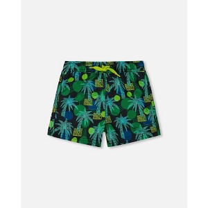 Deux par Deux Boy Printed Swim Trunks Green Jungle on Black - 1 of 4