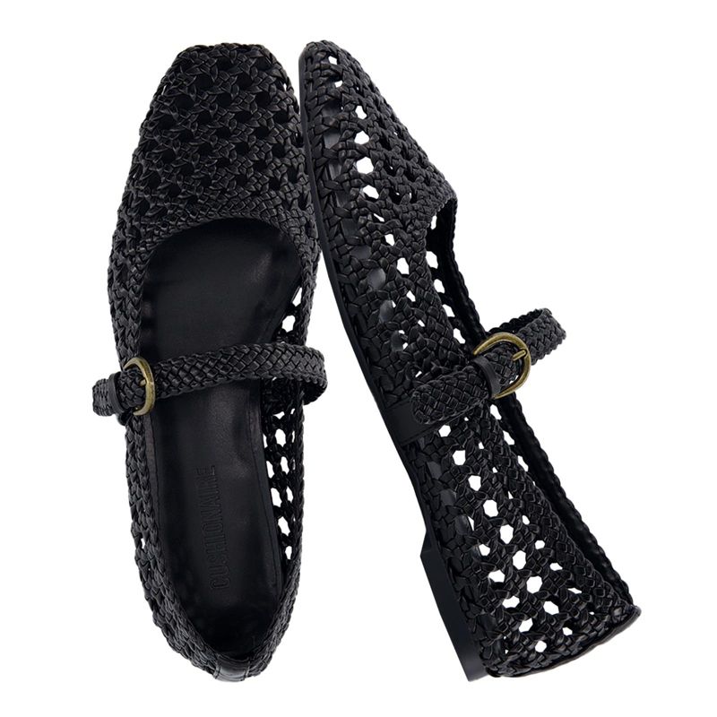 CUSHIONAIRE Weston Women’s Hand Woven Dressy Ballet Flats – Faux Leather Mary Jane with Adjustable Strap & Memory Foam Black Woven 6