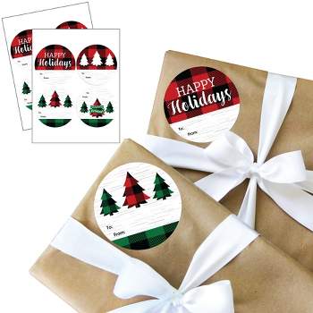 Big Dot of Happiness Holiday Plaid Trees - Round Buffalo Plaid Christmas Party To and From Gift Tags - Large Stickers - Set of 8