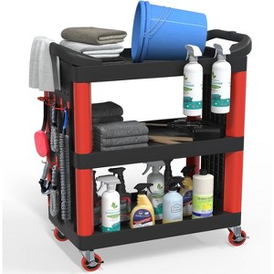 3 Tier Car Detailing Cart with Wheels, Car Wash Detail Trolley with Side Hanging Plate & Hooks（Black） - 1 of 4