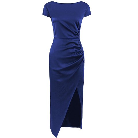 Женские платья INSPIRE CHIC Women's Satin Boat Neck Cap Sleeve Side Split Ruched Party Dress Royal Blue Large