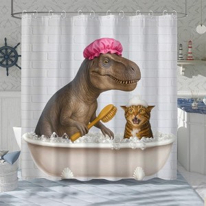 Funny Cat Dinosaur Shower Curtain Cute Fun Dino Cat Bathe Shower Curtains for Bathroom Waterproof Fabric Bath Curtain Decor 70.8x70.8 Inch - 1 of 1