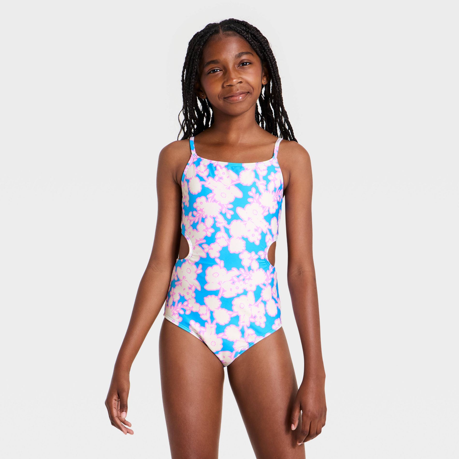 Girls' Cut Out Floral One Piece Swimsuit - art class™ Blue/Cream