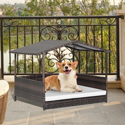 Outdoor Brown Wicker Dog House with Cushion and Roof