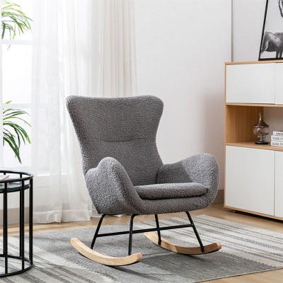 Okak Furry Teddy Fabric Rocking Accent Chair Living Room Chair With Upholstered Comfy High Backrest Armchair for Bedroom Nursery, Gray