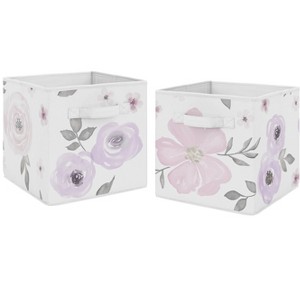 Sweet Jojo Designs Fabric Storage Bins Set Watercolor Floral Purple Grey and Pink - 1 of 4