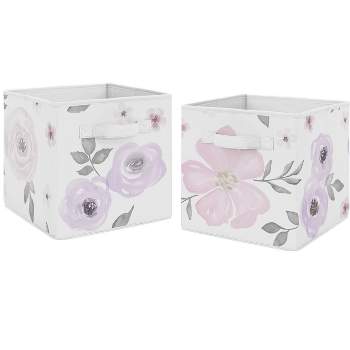Sweet Jojo Designs Fabric Storage Bins Set Watercolor Floral Purple Grey and Pink