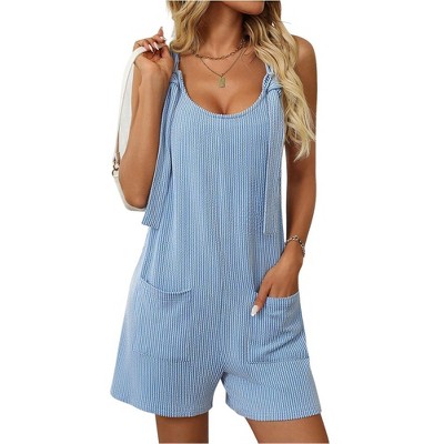 Women's Summer Casual Sleeveless Rompers Scoop Neck Striped Bib Shorts Jumpsuit Beach Overalls Vacation Outfit Clothes