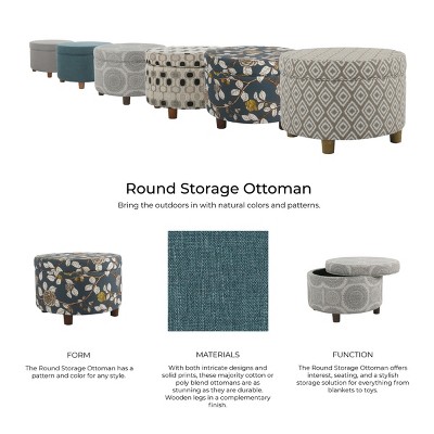 Gray Round Medallion Storage Ottoman with Wood Legs
