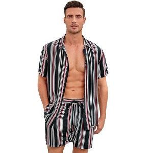 WhizMax Men's Beach Short-Sleeve Shirt and Shorts Striped Set - 1 of 4