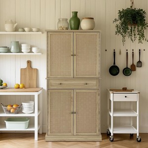 72-Inch Tall Narrow Kitchen Pantry Cabinet with 4 Doors & Drawer, Adjustable Shelves, Farmhouse Wooden Storage Cupboard, Natural Finish - 1 of 4
