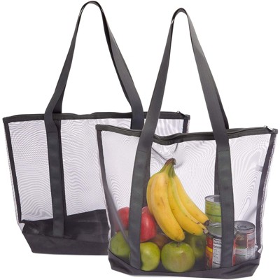 Okuna Outpost 2 Pack Large Mesh Tote Reusable Bags with Zipper for Grocery Shopping, Beach, Black