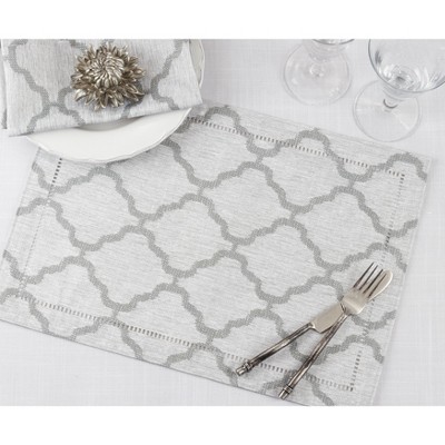 Gray Fabric Laser-Cut Hemstitch Placemats Set of 4
