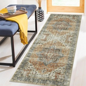 9x12 Area Rug Washable, Low-Pile Rug with Non-Slip Rubber Backing, Boho Vintage Style, Ideal for Bedroom Living Room Home Office Playroom, Blue - 1 of 4