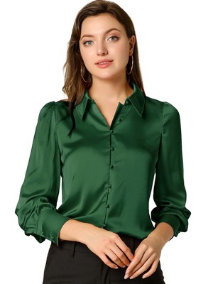 INSPIRE CHIC Women's Puff Long Sleeve Point Collar Vintage Button Work Satin Shirt