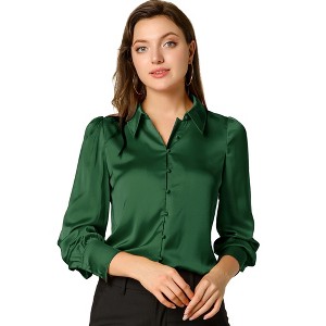 INSPIRE CHIC Women's Puff Long Sleeve Point Collar Vintage Button Work Satin Shirt - 1 of 4