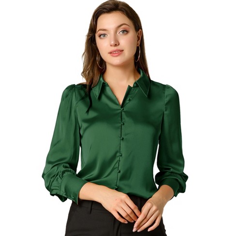 Allegra K Women s Satin Puff Sleeve Point Collar Vintage Button Up