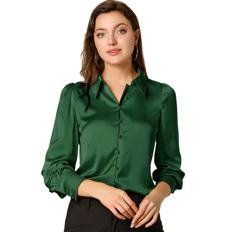 Allegra K Women's Satin Puff Sleeve Point Collar Vintage Button Up Shirt, 1 of 8