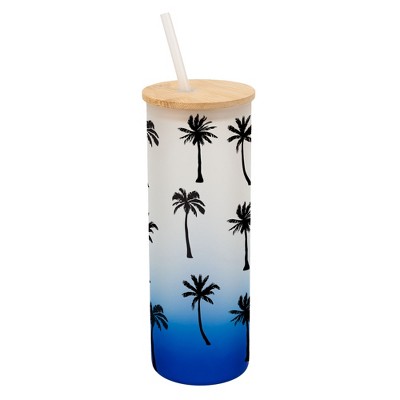 Elanze Designs Palm Tree Ocean Beach Life Wrap-Around Design 25 Ounce Frosted Gradient Glass On-The-Go Coffee Travel Skinny Tumbler Mug Cup, Bamboo