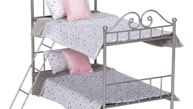 Scrollwork Metal Doll Bunk Bed with Ladder and Bedding - Silver/Pink/Stars, 2 of 5, play video