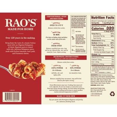 Rao&#39;s Made for Home All Natural Frozen Pasta Meal Rigatoni Bolognese - 25oz