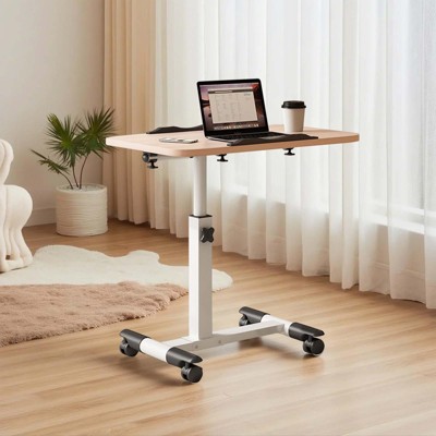 Overbed Rolling Desk, Adjustable Height Laptop Table with Wheels - Foldable Mobile Workstation for Home Office