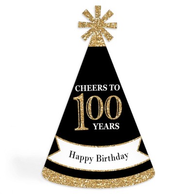 Big Dot of Happiness Adult 100th Birthday - Gold - Cone Birthday Party Hats for Kids and Adults - Set of 8 (Standard Size)
