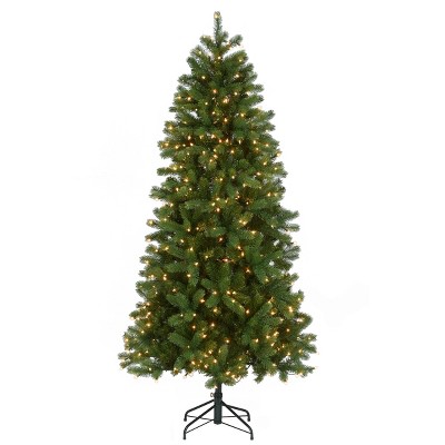 National Tree Company Pre-lit 'Feel Real' Artificial Slim Downswept Christmas Tree, Green, Douglas Fir, White Lights, Includes Stand, 6.5 feet