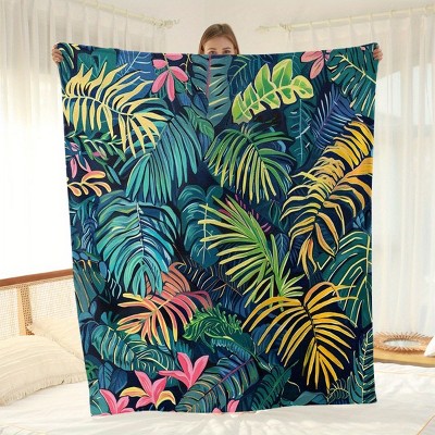 1pc Tropical Leaves Pattern Flannel Blanket, Lightweight, Warm Cozy All Season Throw for Sofa, Bed, or Travel, Christmas Gifts.