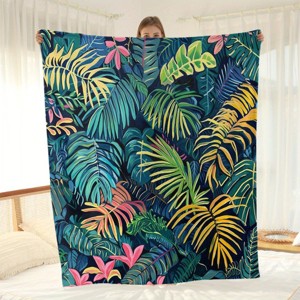 1pc Tropical Leaves Pattern Flannel Blanket, Lightweight, Warm Cozy All Season Throw for Sofa, Bed, or Travel, Christmas Gifts. - 1 of 4