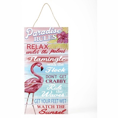 Lakeside Paradise Rules Wall Hanging Sign with Tropical Flamingo Motif