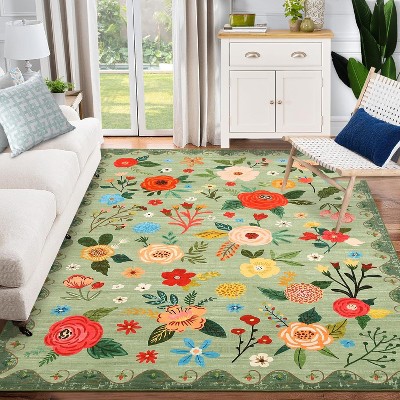 Garvee Floral Area Rug -Machine Washable Large Rugs, Non Slip Vintage Low Pile Soft Carpet, for Bedroom, Dining Room