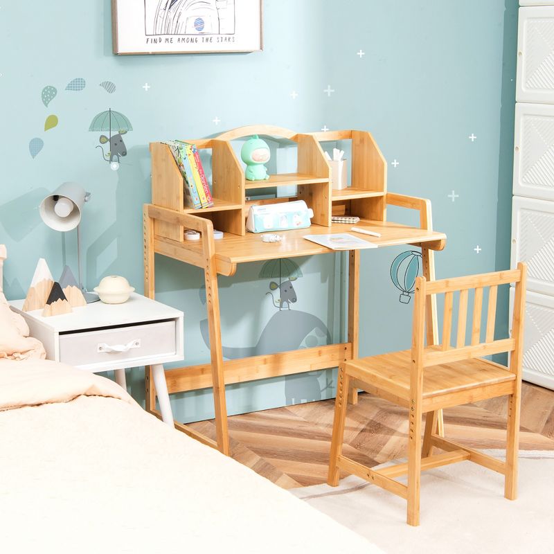 Costway Bamboo Kids Study Desk And Chair Set  Height Adjustable Home School w/ Bookshelf, 2 of 11
