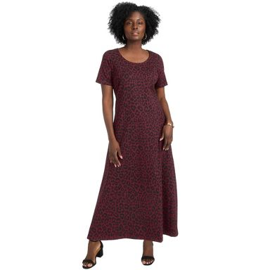 Jessica London Stretch Cotton T-Shirt Maxi Dress - 14, Burgundy Classic Cheetah