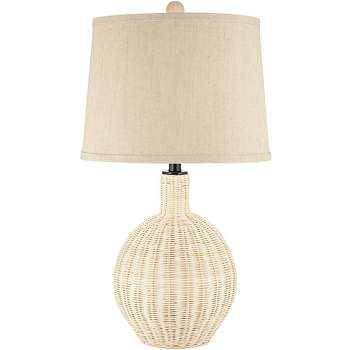 360 Lighting Modern Coastal Table Lamp 27" Tall Light Rattan Oatmeal Drum Shade for Living Room Bedroom House Bedside Nightstand