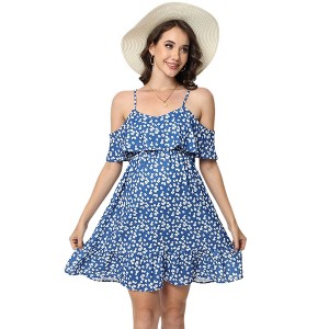 Maternity Dress Womens Summer Ruffle Sleeve Cold Shoulder Flowy Dress Baby Shower Dresses - 1 of 1