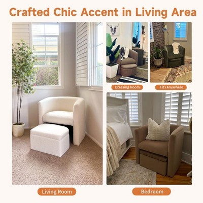 Cream Velvet Barrel Accent Chair with Storage Ottoman