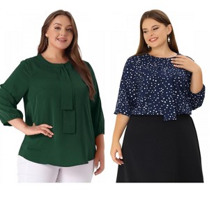 Women's Plus Size 2 Pieces 3/4 Sleeves Round Neck Ruffle Chiffon Work Blouse - Agnes Orinda - 1 of 4